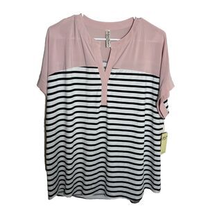 Perseption Concept Blouse Women's XL V-Neck Striped Short Sleeve Sheer Top NWT